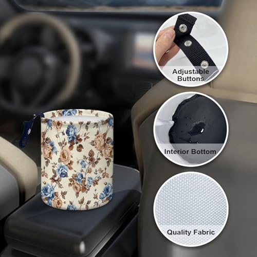 Image of Retro Flower Print Cat Car Garbage Can Small Trash Can with Leak Proof Inside Liner and Hanging Strap Car Organizer Portable for Road Trip