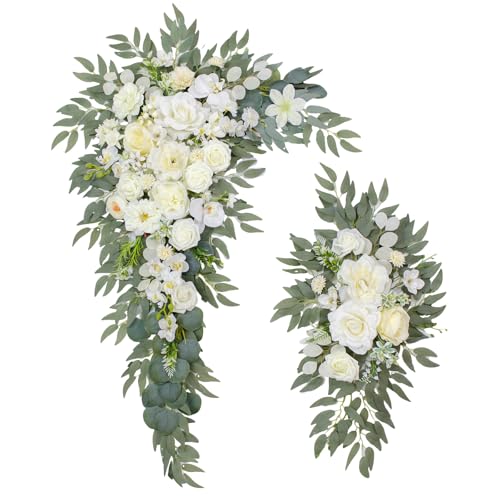 BMQDSM Wedding Arch Flowers (Set of 2) Wedding Decor and Artificial Flower Arrangements Decorations for Reception,Welcome Sign and Ceremony Backdrop (White)