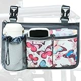SHIFANQI Wheelchair Bag, Walker Bag, Wheelchair Side Bag, Armrest Organizer Pouch with Cup Holder Attachment and Reflective Strip, Accessories for Most Wheelchairs, Walker, Rollators, Butterfly