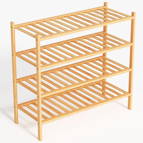 BAM BOO BOX Étagère à chaussures en bambou, étagère à chaussures à 4 niveaux, 68 x 28 x 64 cm, extensible, empilable, armoire à chaussures en bois,...