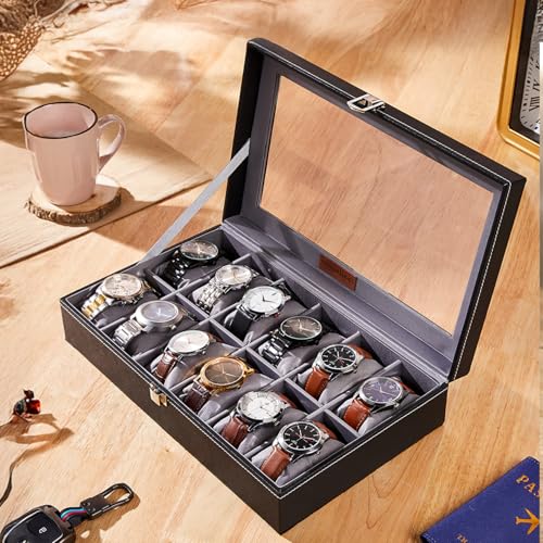 Image of Amazon Basics Unisex Faux Leather Watch Organiser Box with 12 Slots |Watch Organiser with Transparent Lid (Black)