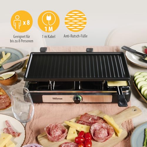 Tristar Raclette – 8 Personen – Kochfläche 42 x 23 cm – Einstellbarer Thermostat mit Lichtring – 1400 W – Schwarz – RA-2746 – Bild 3