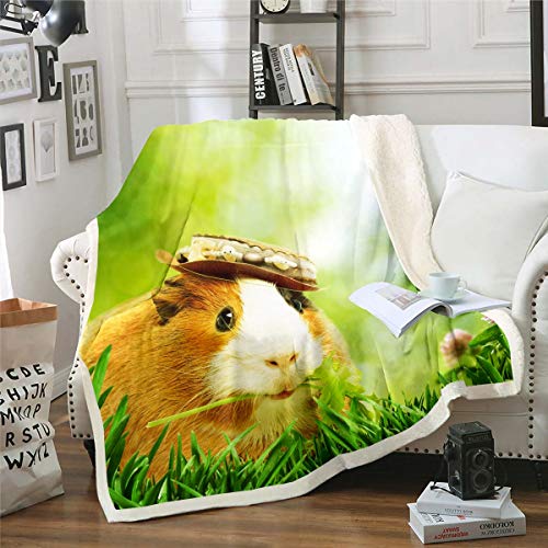Kids Cute Guinea Pig Fleece Blanket Lovely Cavy Pattern Sherpa Throw Blanket for Sofa Couch Child 3D Animal Pet Warm Plush Blanket Reversible Green Garden Theme Fuzzy Blanket Room Decor Double 60"x79"