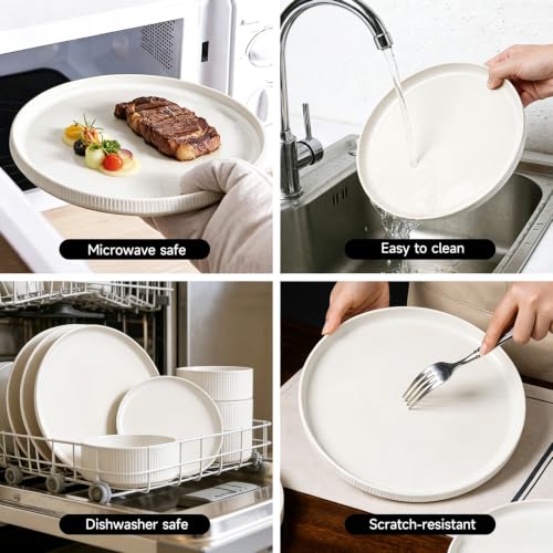 Image of Stoneware Dinnerware Sets for 4, 12Pcs Plates and Bowls Set, Cream White | Handmade Reactive Glaze Ceramic Dishes, Microwave and Dishwasher Safe, Modern Minimalist Ribbed Tableware for Everyday Use