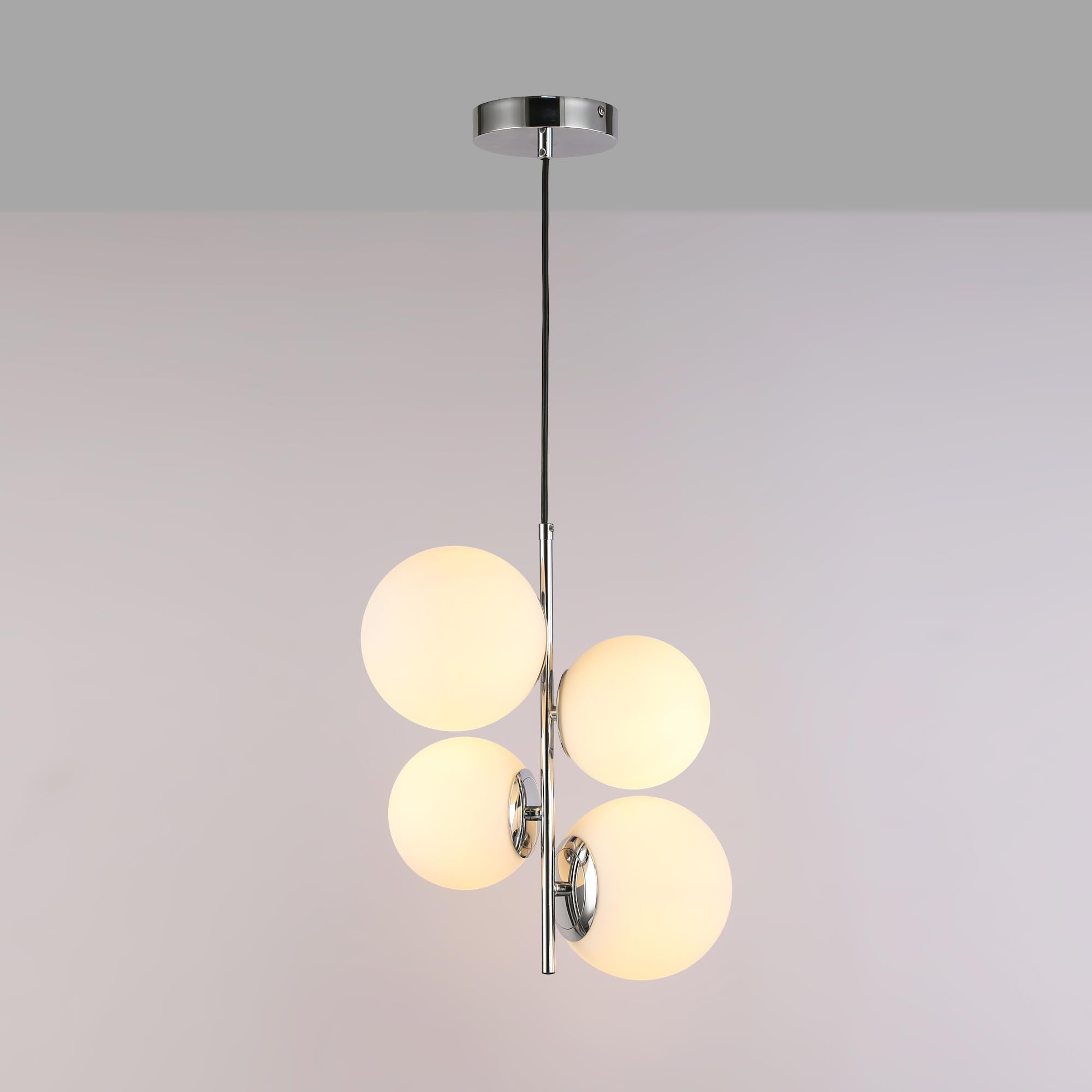 Lampada a sospensione da soffitto TANNA a 4 sfere, lampada moderna in vetro opalino e alluminio, attacco E27, Ø 15cm, altezza regolabile, per soggiorno, sala, cucina o camera da letto