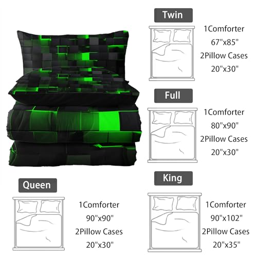 Image of Nttopship Neon Green Black Comforter Set Full Geometric Kids Bedding Set,3 PCS Geometry Honeycomb Bed Set Modern Quilt Set 1 Comforter 2 Pillow Cases Cool Room Decor All Season B-Side Black