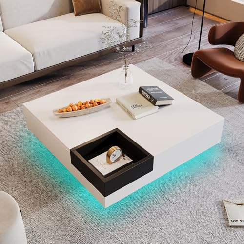 BTM Table Basse Salon, LED Table Basse Design avec Boîte de Rangement Amovible, Blanc & Noir, 72x72x30 cm