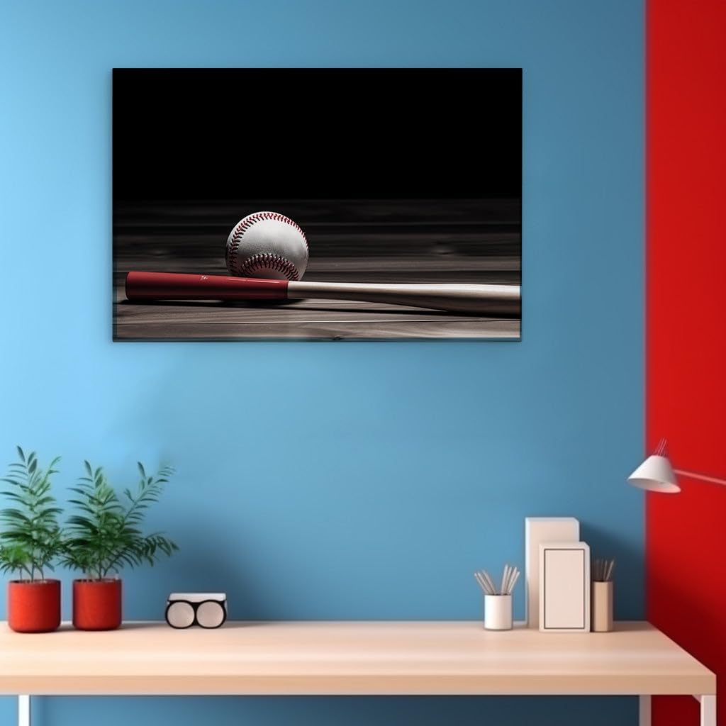 Canvas for Living room. Home Run Dreams: Baseball and Bat Poised in Perfect Harmony, 27 x 18 inch Canvas Wall Art - Contemporary Masterpieces - Inspirational Office Decor - 69x46 cm (27x18 inch)