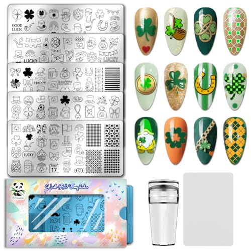 PH PandaHall 5pcs St. Patrick's Nail Stamping Plate Lucky Shamrock Nails Art Templates Rainbow Gnome Nails Image Stamp Clover Hat Nails Art Stencils for DIY Print Manicures Salon Design Decoation