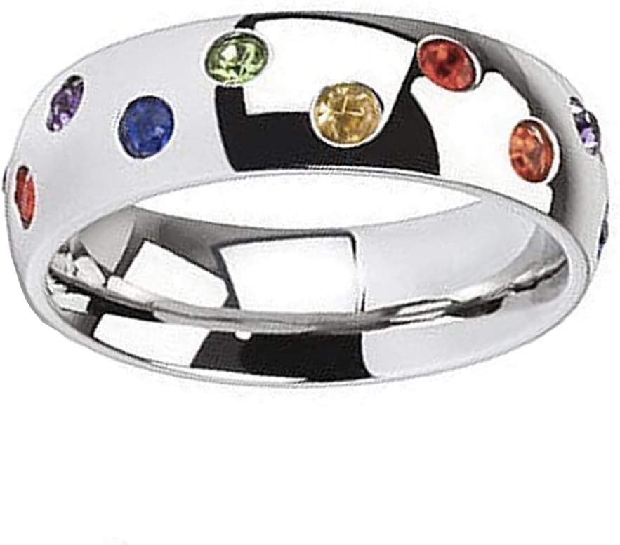 Gay & Lesbian Pride Domed Scattered CZ Rainbow Ring - Stainless Steel w/CZ Stones. LGBTQ Gay & Lesbian Jewelry Promise Rings