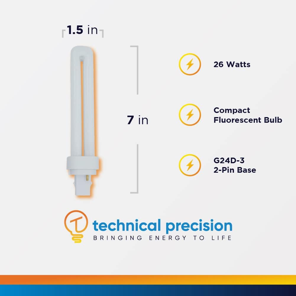 Technical Precision CF26DD/841 Dulux D 26-Watt Double Tube Compact Fluorescent Lamp, 4100K Cool White, G24d-3 2-Pin Base, 82 CRI, 12,000 Hour Rated Life CFL Plug-in Bulb