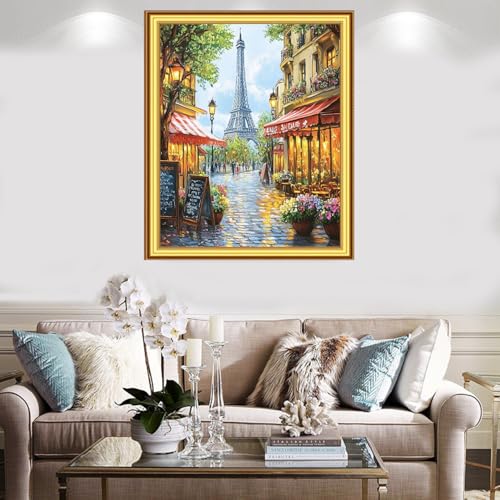 Image of Foxnyart Stamped Cross Stitch Kits Full Range of Embroidery Needlework Starter Kits for Beginners Adults 11CT Embroidery Patterns Art Crafts DIY Needlepoint Kit-Eiffel Tower Street View 16x20 inchs