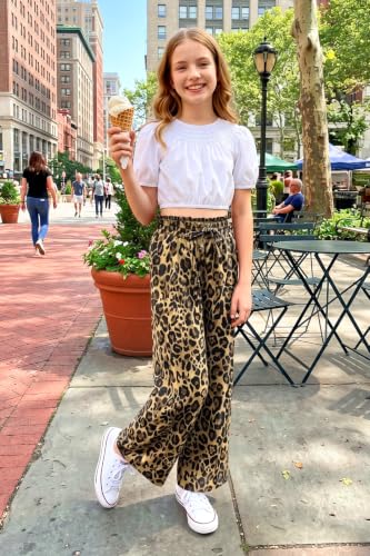 Image of Girls Summer Floral Wide Leg Pants High Waisted Flowy Dress Trousers with Pockets for School Lounge Beach 5-14 Years