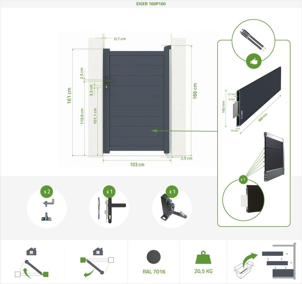 Casanoov Puerta peatonal exterior​ 1m EIGER Alt.160cm + Kit de inversión de apertura