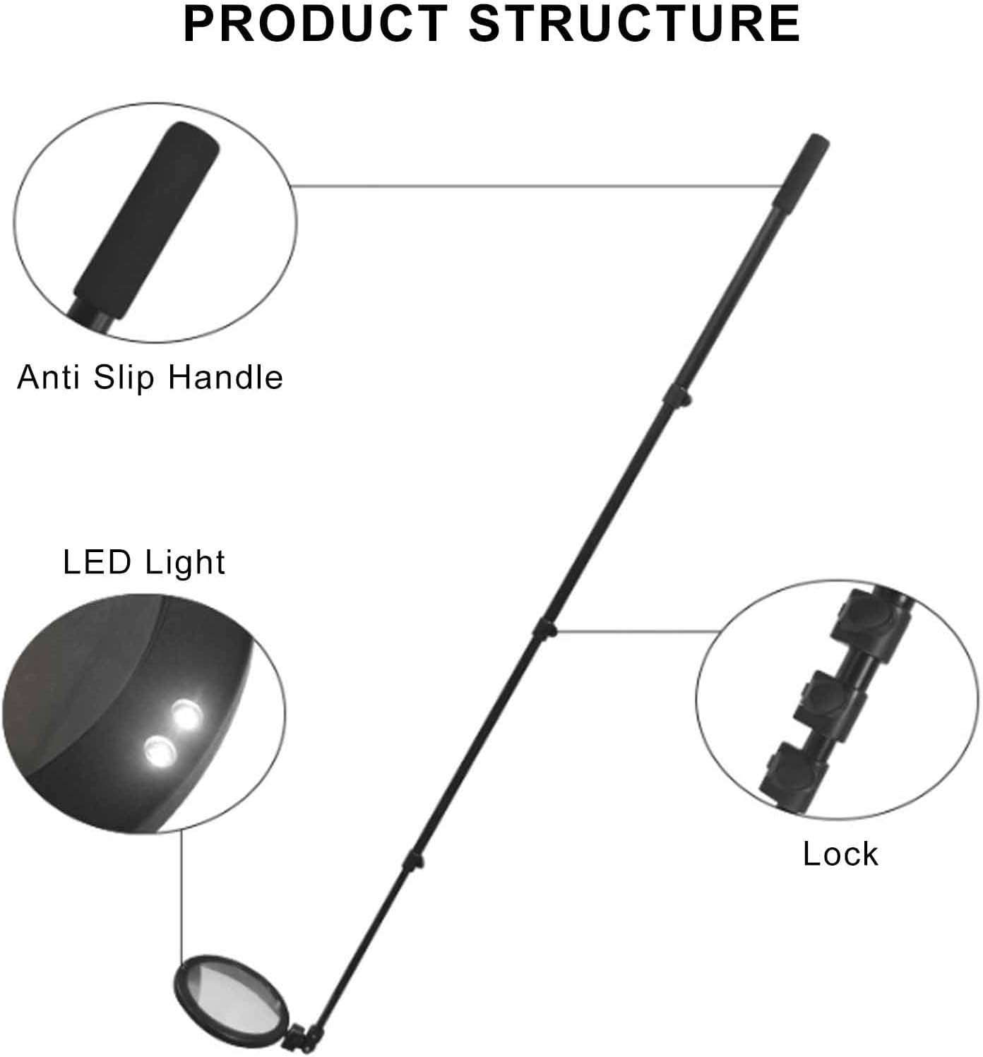LED Telescopic Inspection Convex Mirror 6.3" 11.8" 15.7" Mirror Diameter,for Trucks, RV, Bus,2X Car Under Vehicle Search Round Mirror Adjustable Angle,A