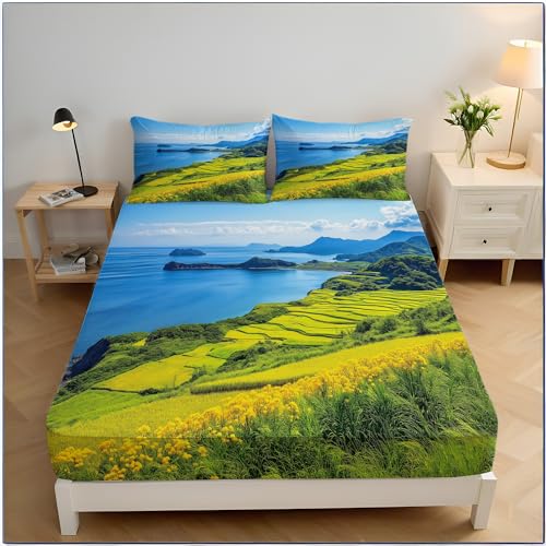Bed Sheet Set Double, Rapeseed Grassland Ocean View, 3 Piece – Fitted Sheet With 2 Pillow Case 50X75 – Wrinkle, Shrinkage And Fade Resistant – Soft Brushed Microfiber