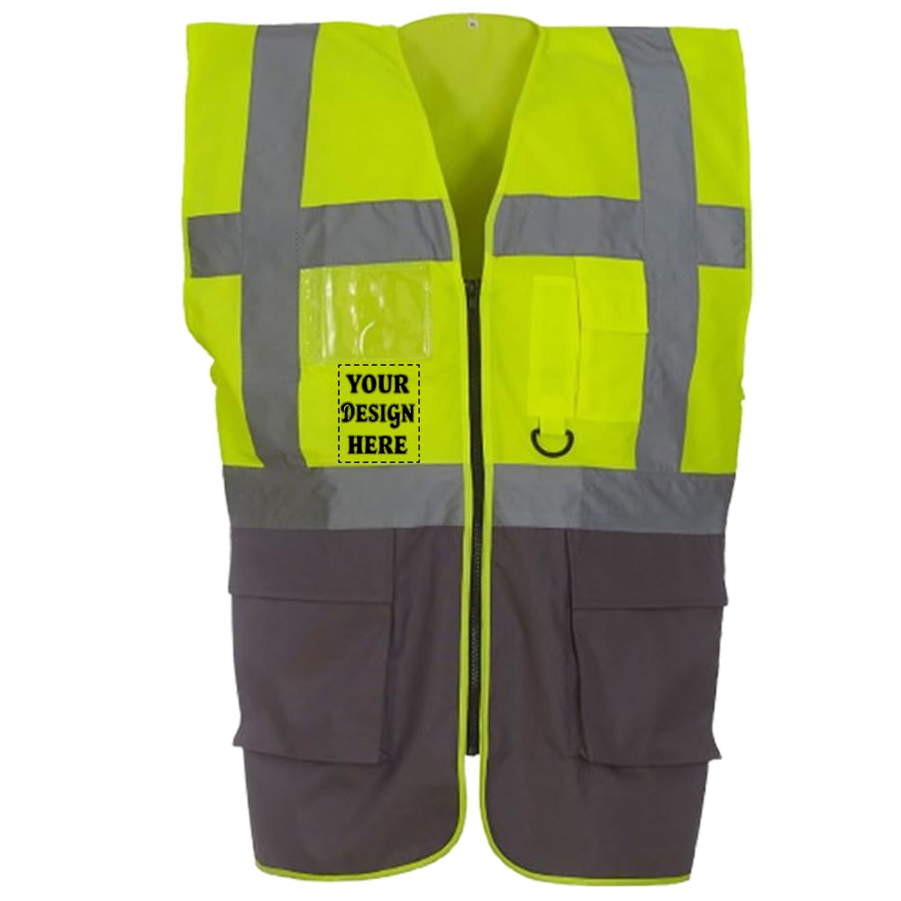 D&T Personalised Hi-Vis Reflective Vest with Zipper and Pockets – High Visibility Safety Waistcoat – Unisex Polyester Workwear (UK, Alpha, XL, Regular, Regular, Hi Vis Yellow/Grey)