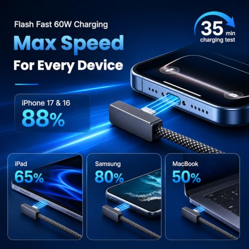 Image of Verilux 2Pcs 90 Degree C Type Charger Cable 6.6FT /2M, PD 60W Type C Cable Fast Charging with 480Mbps Data synch, Nylon Braided for iPhone 17 /16 /15 Series, Galaxy S26 /S25 /S24 /S23, iPad, MacBook
