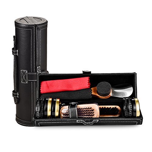 Shoe Shine Brush Kit Shoe Care Kit Shoes Brushes polishing & Cleaning Kit with PU Leather Sleek Elegant Case(Small, Black)
