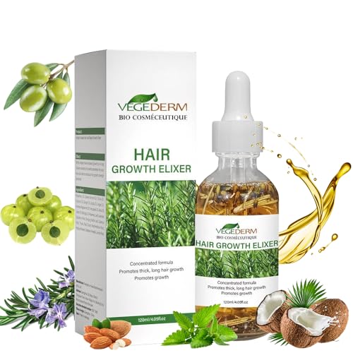 VEGEDERM Hair Growth Elixir | Natural Hair Growth Oil for Scalp & Beard | Hair fall control Serum for Women & Men | Rosemary, Castor Oil, Biotin | Treatment for Longer Hair & Beard | 4.05 Fl Oz