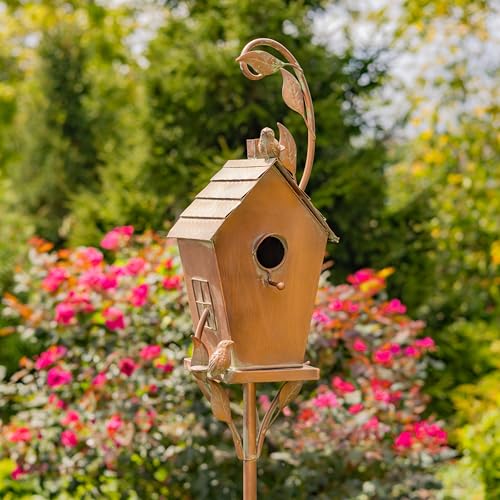 Copper Colored Fancy Design Birdhouse Garden Stakes (Stretched Classic House Shape)