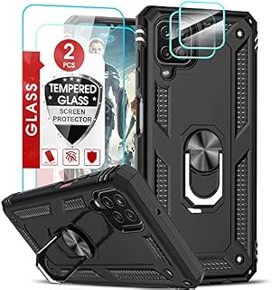 LeYi for Samsung Galaxy A12/M12 Case and 2 Tempered Glass Screen Protector and 2 Lens Camera Protector,Ring Holder Military Protective Shockproof Tough Armor Hard Phone Cover for Samsung A12 Black