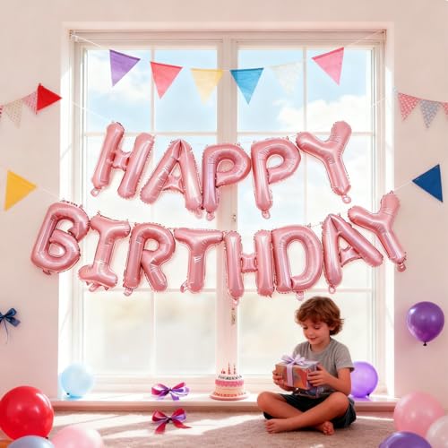 Image of Pink Happy Birthday Balloon Banner Set -16 Inch Foil Letters Balloons, Reusable Birthday Decorations and Party Supplies, Suitable for Men and Women's Birthday Decorations,Party Backdrop