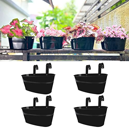LaLaGreen Outdoor Rail Planter for Balcony (4 Pack, 9.8 Inch) Small and Cute Black Metal Iron Fence Hanging Flower Pots Deck Railings Buckets Boho Style Window Box Plant Holder Hooks Porch Decor