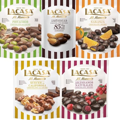 Lacasa Mi Momento pack de 5:Almendra 85% 65G,Arándano choco Negro 125G,Nueces Leche 115G,Naranja choco Negro 125G,Pistacho Leche 100G