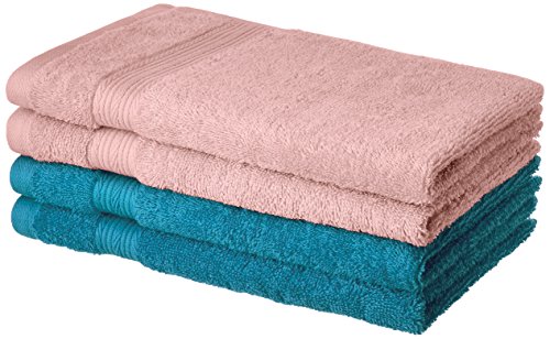Image of Amazon Brand - Solimo 100% Cotton 6 Piece Towel Set, 500 GSM (Iris Blue and Spanish Red) 100% Cotton 4 Piece Hand Towel Set, 500 GSM (Turquoise Blue and Baby Pink)