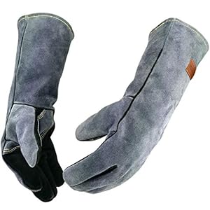 16 Inches,932℉,Leather Welding Gloves, Heat/Fire Resistant,Large Mitts for BBQ,Oven,Grill,Fireplace,Tig,Mig,Forge,Baking,Furnace,Stove,Pot Holder,Animal Handling Glove.L Black-gray