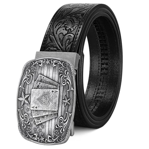 LALATCH Cowboy Western Ratchet Belt for Men Women with Automatic Western Buckle Ratchet Cowboy Leather Belt for Jeans Gifts Silver Poker/Black