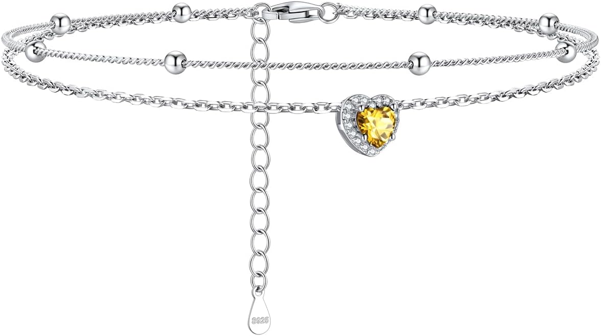 Silvora 925 Sterling Silver Birthstone Ankle Bracelet for Women - Adjustable Double-Layer Sparkling Heart Zircon Anklet Beach Jewelry for Summer