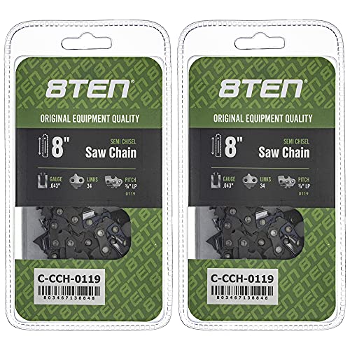 8TEN Semi Chisel Chainsaw Chain 8 Inch .043 3/8 LP 34DL for Poulan Pole Saw Pro Remington (2 Pack)