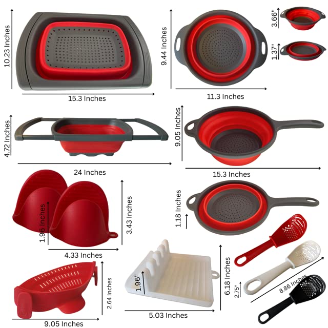 BaraBara Silicone 10 pcs Telescopic Collapsible Strainers with Handles, Foldable Bowl, Clip on Drainer. Red Spoon Rest, 3 ladle Masher Spoons. Silicone Gloves Heat Resistant Bundle Cooking Set.