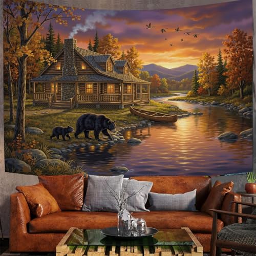 Tapiz para dormitorio de microfibra, gran decoración de pared naranja con paisaje retro de bosque 3