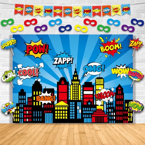 Super Theme Hero Party Cityscape Photography Backdrop Set with Prop,