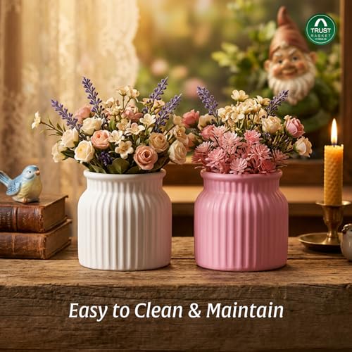 Image of TrustBasket Sereno Plastic Decorative Flower Vase Set White & Pink, Modern Table Top Home Decor Accent for Living Room Bedroom Office, Compact Durable Minimalist Vase for Flowers, Set of 2