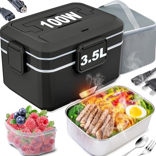 Nifogo Electric Lunch Box for Adults 100W Portable Heated Lunch Box for Men 3 in 1 Portable Food Warmer 110V/12V/24V with 3,5L Removable Stainless Steel Container & Bag