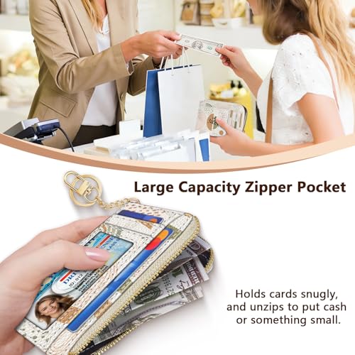 Image of GIANCOMICS Slim Wallet Credit Card Holder Women, Abstract Leaf Rfid Blocking Small Card Case, Keychain Thin Pocket Curved Zipper Wallet, Travel Card Holder PU Leather ID Window, Ladies Female Gifts