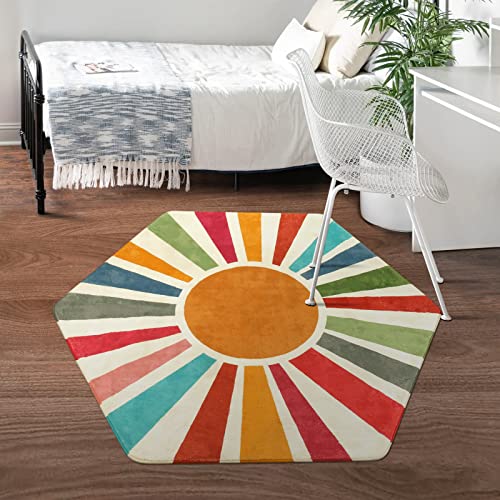 Staruia Retro Sun Boho Rug For Bedroom,4'X 4'7"Hexagon Washable Colorful Kids Rug For Nursery Room,Ultra Soft Non-Slip Carpet Indoor Mat For Christmas Classroom Living Room Entryway #TOP6