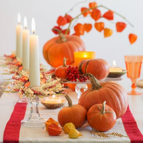 Image of 12 Pcs Fall Candle Rings 9 inch Thanksgiving Autumn Wreaths with Flowers for Tables Artificial Farmhouse Candle Rings Wreath for Front Door Porch Wall Window Decorations