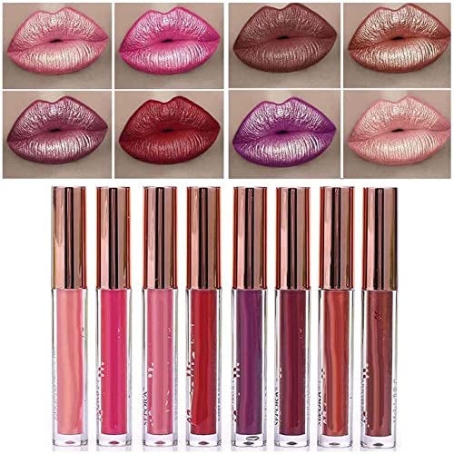 Lápiz labial con purpurina mate, brillo metálico perlas brillo labios, impermeable, duradero, metálico fuerte, pigmentado, no se pega, diamante brillante, lápiz labial líquido para mujeres (color A) Cover