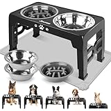 Jovrun Elevated Dog Bowls, Dog Feeder with 2 Stainless Steel Dishes &1 Slow Feeder Bowl, 5 Heights Adjustable Raised Stand for Medium Large, Food Dishes with Non-Slip Feet