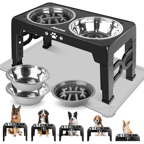Jovrun Elevated Dog Bowls, Dog Feeder with 2 Stainless Steel Dishes &1 Slow Feeder Bowl, 5 Heights Adjustable Raised Stand for Medium Large, Food Dishes with Non-Slip Feet