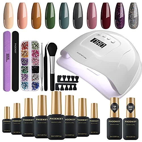 Gel Nail Polish Kit Phoenixy 10 colors Gel Polish with 80W U V/LED Nail Lamp Gel Nail Polish Manicure Starter Set Gift for Women