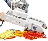 Professional Grade Kitchen Mandolin/Slicer with FREE SAFETY GLOVES. Fully Adjustable Blades cut ranges from 1mm - 7mm. Use to slice, shred, julienne and waffle cut. A REAL kitchen aide.