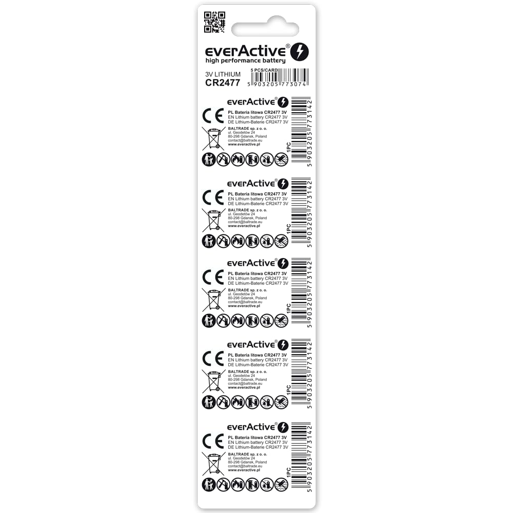 everActive CR2477, 3V, Lithium Knopfzelle Batterien, leistungsstärkste Batterie, 10 Jahre Haltbarkeit, 50 Stück -10 Blisterkarten