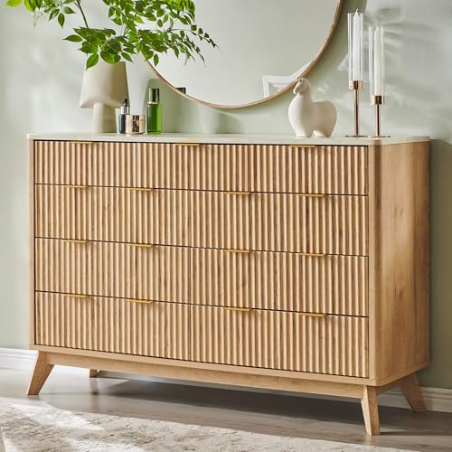 Image of T4TREAM 54 inch Wide Fluted 9 Drawer Dresser for Bedroom, Natural Oak | Mid Century Modern, Faux Marble Top, Curved Profile, Metal Handles, Anti-tip Kit, Smooth Slides, for Living Room, Hallway