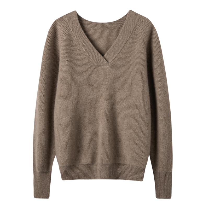 SHABADUER Women's Cashmere and Merino Wool Blend V Neck Sweater Lightweight Knit Sweater (US, Alpha, Large, Regular, Regular, AQ2203 Brown)